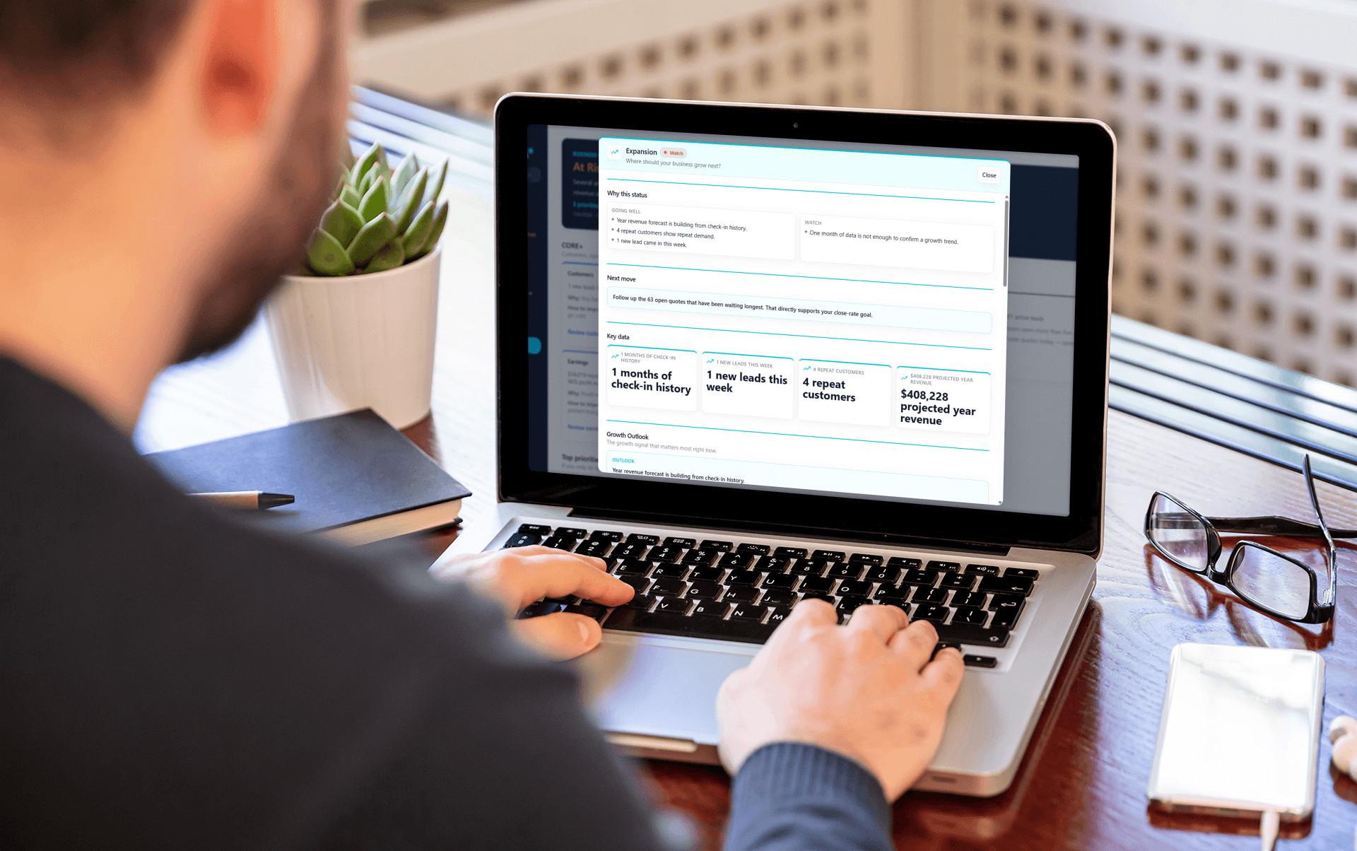 Owner reviewing Job Pulse expansion insights and next moves on a laptop