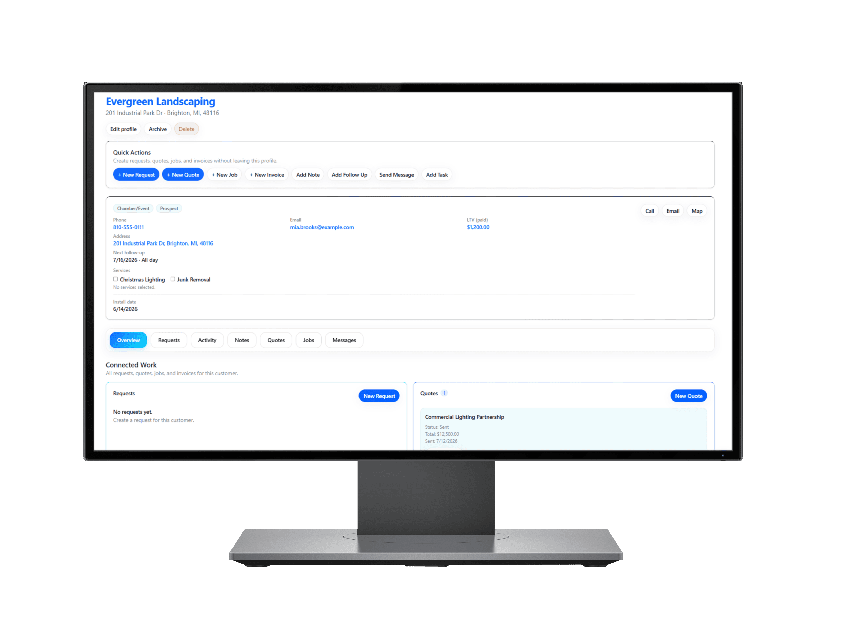 Job Pulse customer profile with quotes, jobs, and connected work from lead to paid