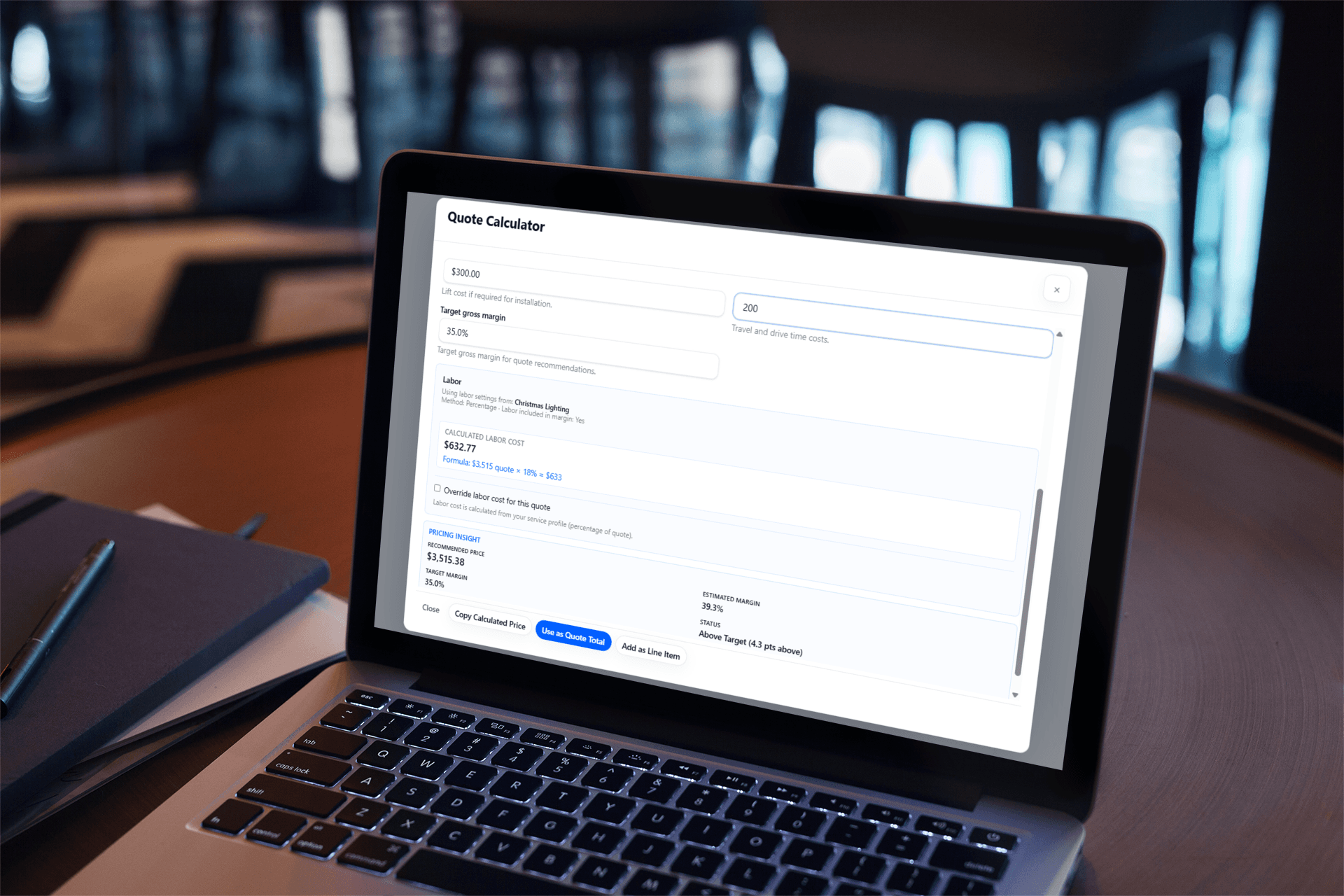 Job Pulse quote builder with live margins